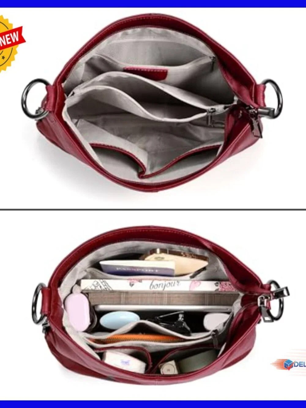 Large Genuine Leather Hobo Shoulder Bag with Crossbody Strap